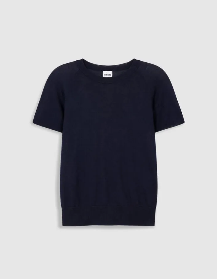 Pull manches courtes marine tricot 100% laine Femme