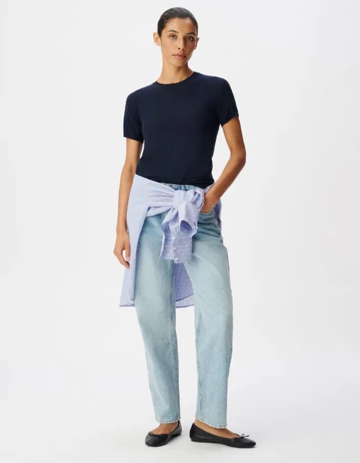 Pull manches courtes marine tricot 100% laine Femme