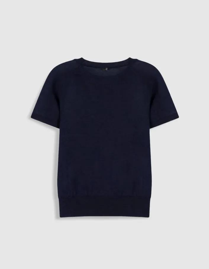 Pull manches courtes marine tricot 100% laine Femme
