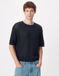 Pull manches courtes marine tricot ajouré Homme