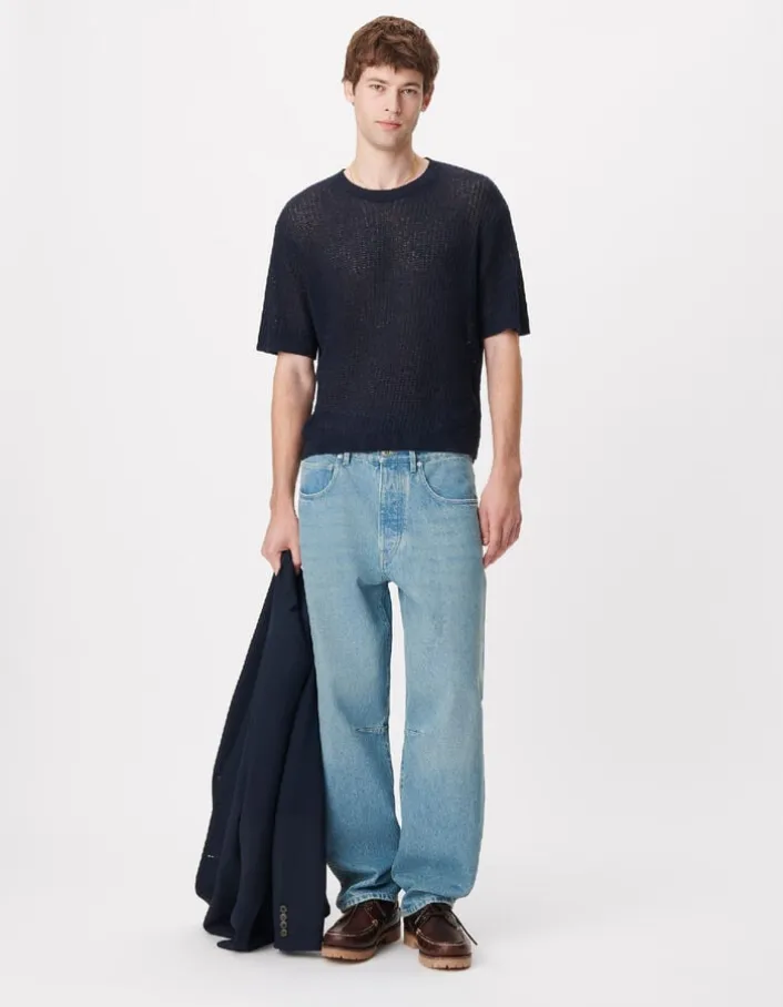Pull manches courtes marine tricot ajouré Homme