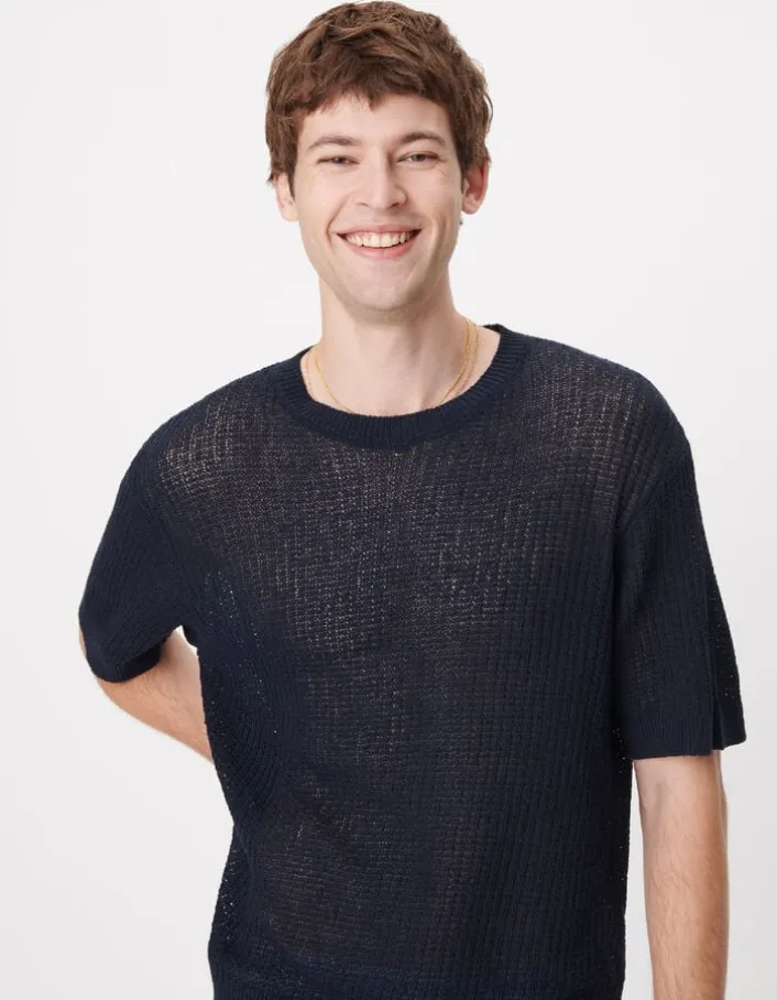 Pull manches courtes marine tricot ajouré Homme