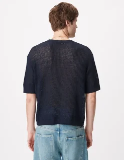 Pull manches courtes marine tricot ajouré Homme