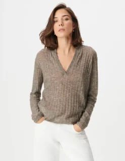 Pull manches longues beige tricot côtes plates Femme