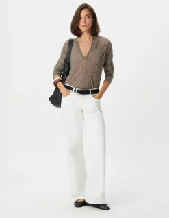 Pull manches longues beige tricot côtes plates Femme