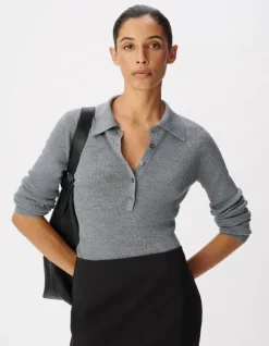 Pull manches longues gris tricot côtelé col polo Femme