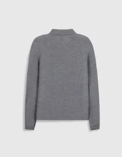 Pull manches longues gris tricot côtelé col polo Femme