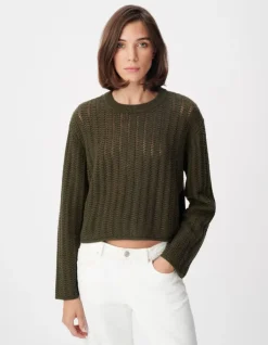 Pull manches longues kaki tricot ajouré Femme