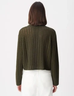 Pull manches longues kaki tricot ajouré Femme