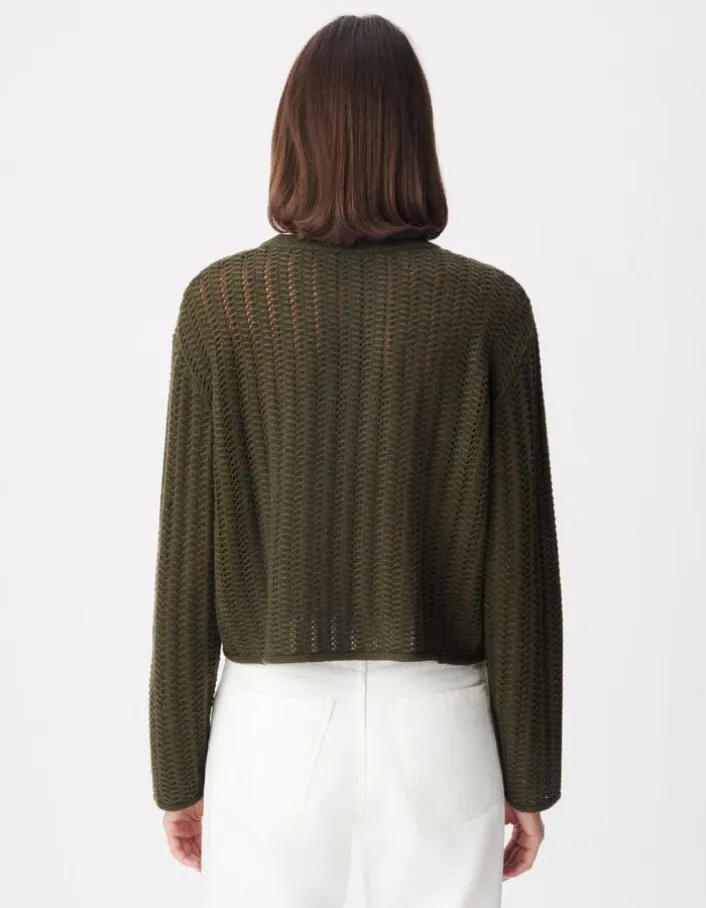 Pull manches longues kaki tricot ajouré Femme