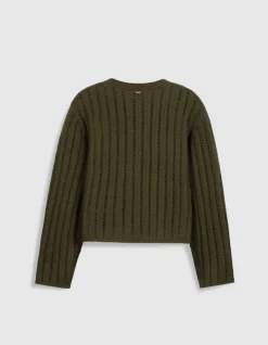 Pull manches longues kaki tricot ajouré Femme