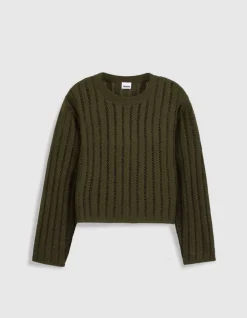 Pull manches longues kaki tricot ajouré Femme