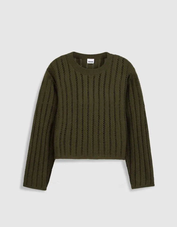Pull manches longues kaki tricot ajouré Femme
