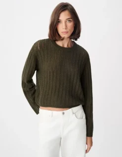 Pull manches longues kaki tricot ajouré Femme