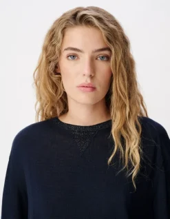Pull manches longues marine tricot détail lurex Femme
