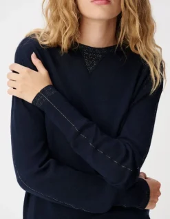 Pull manches longues marine tricot détail lurex Femme