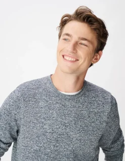 Pull manches longues marine tricot mouliné Homme