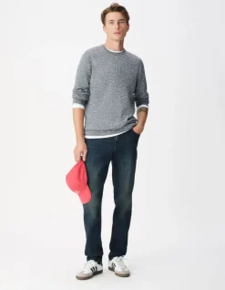 Pull manches longues marine tricot mouliné Homme