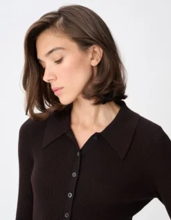 Pull manches longues marron tricot côtelé col polo Femme