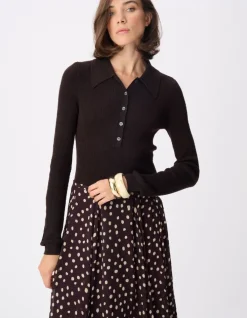 Pull manches longues marron tricot côtelé col polo Femme
