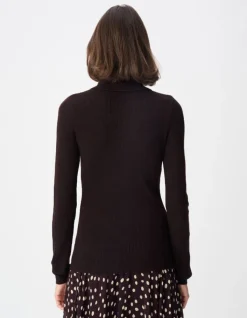 Pull manches longues marron tricot côtelé col polo Femme