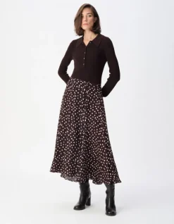 Pull manches longues marron tricot côtelé col polo Femme