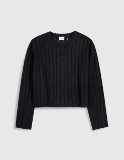 Pull manches longues noir tricot ajouré Femme