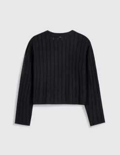 Pull manches longues noir tricot ajouré Femme