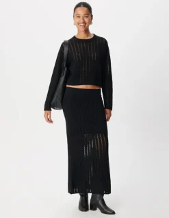 Pull manches longues noir tricot ajouré Femme