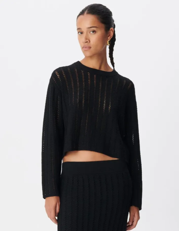 Pull manches longues noir tricot ajouré Femme