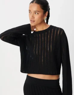 Pull manches longues noir tricot ajouré Femme
