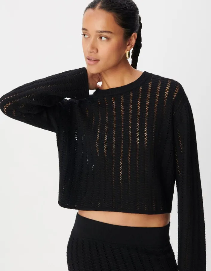 Pull manches longues noir tricot ajouré Femme
