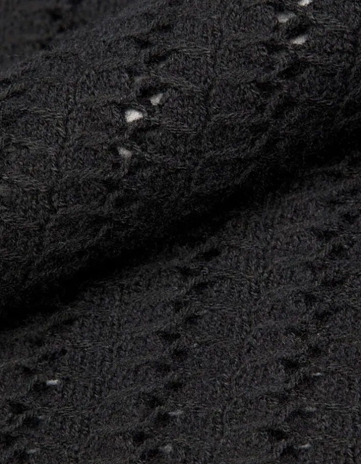Pull manches longues noir tricot ajouré Femme