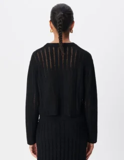 Pull manches longues noir tricot ajouré Femme