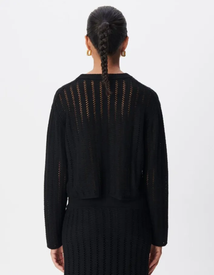 Pull manches longues noir tricot ajouré Femme