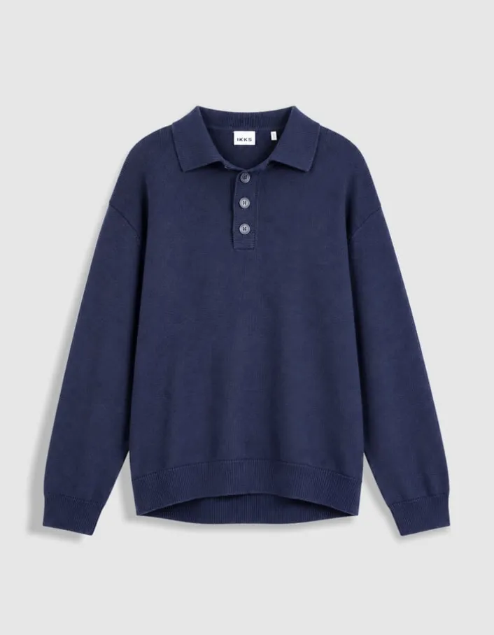 Pull marine tricot col polo boutonné Homme