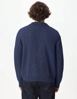 Pull marine tricot col polo boutonné Homme