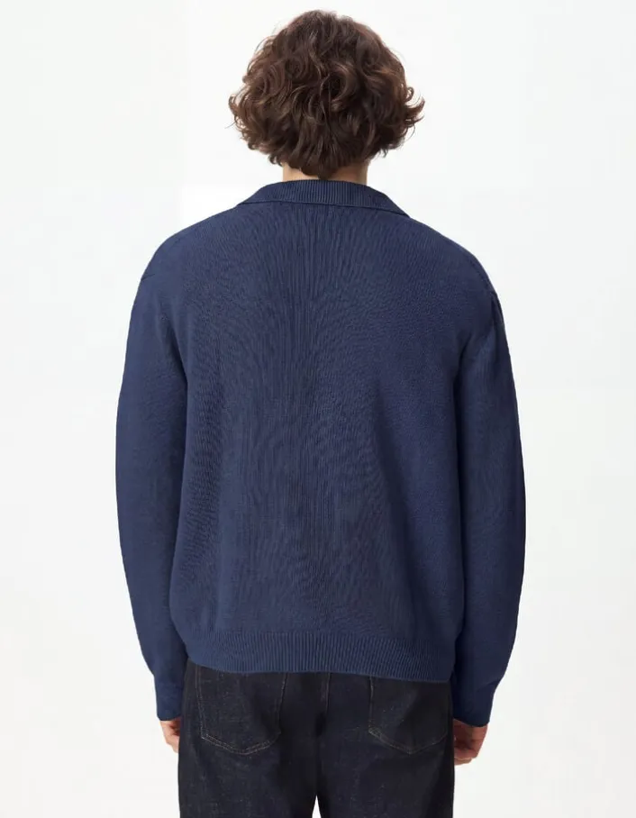 Pull marine tricot col polo boutonné Homme