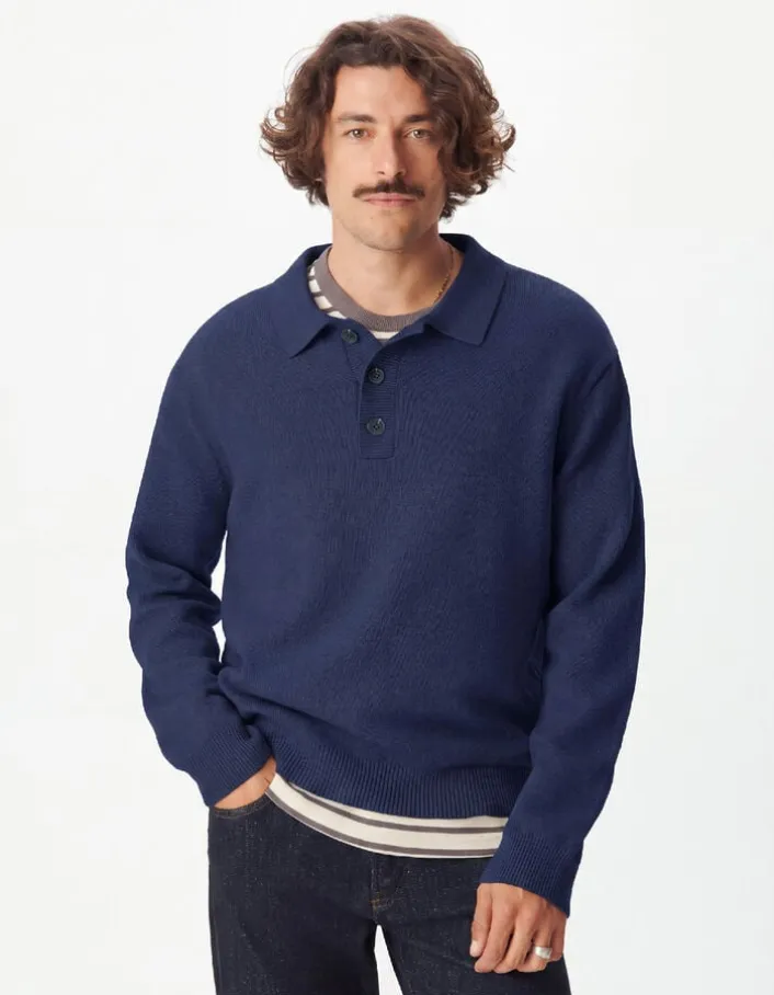 Pull marine tricot col polo boutonné Homme