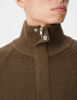Pull marron tricot côtelé patte zippée cachée Homme