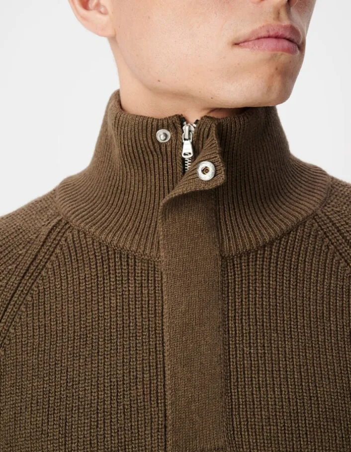 Pull marron tricot côtelé patte zippée cachée Homme