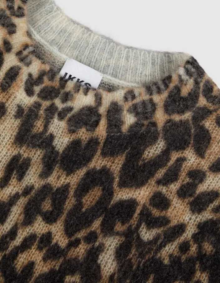 Pull marron tricot motif léopard Femme