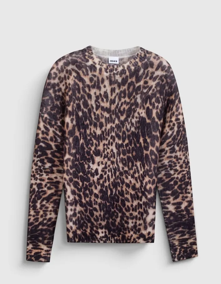 Pull marron tricot motif léopard Femme