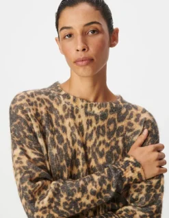 Pull marron tricot motif léopard Femme