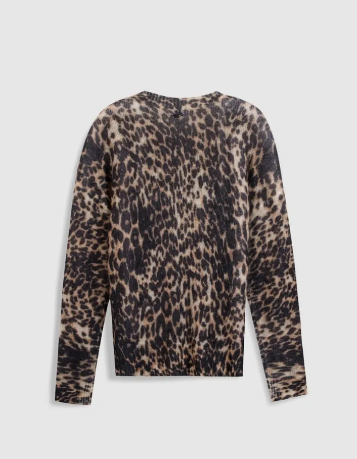 Pull marron tricot motif léopard Femme