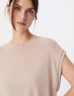 Pull sans manches beige lurex détails chainettes Femme
