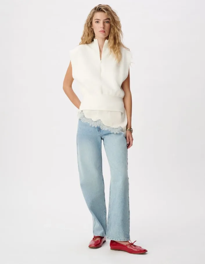Pull sans manches blanc tricot col camionneur Femme