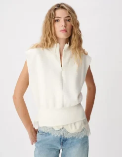 Pull sans manches blanc tricot col camionneur Femme