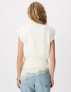 Pull sans manches blanc tricot col camionneur Femme