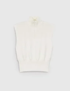 Pull sans manches blanc tricot col camionneur Femme
